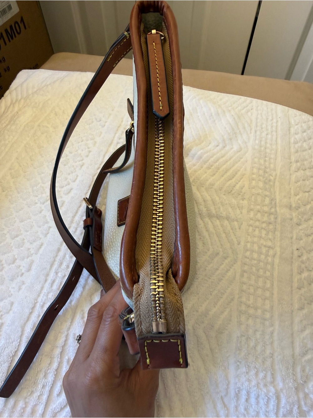 Dooney & Bourke Cream Pebbled Crossbody with Brown Trim - Picture 9 of 13